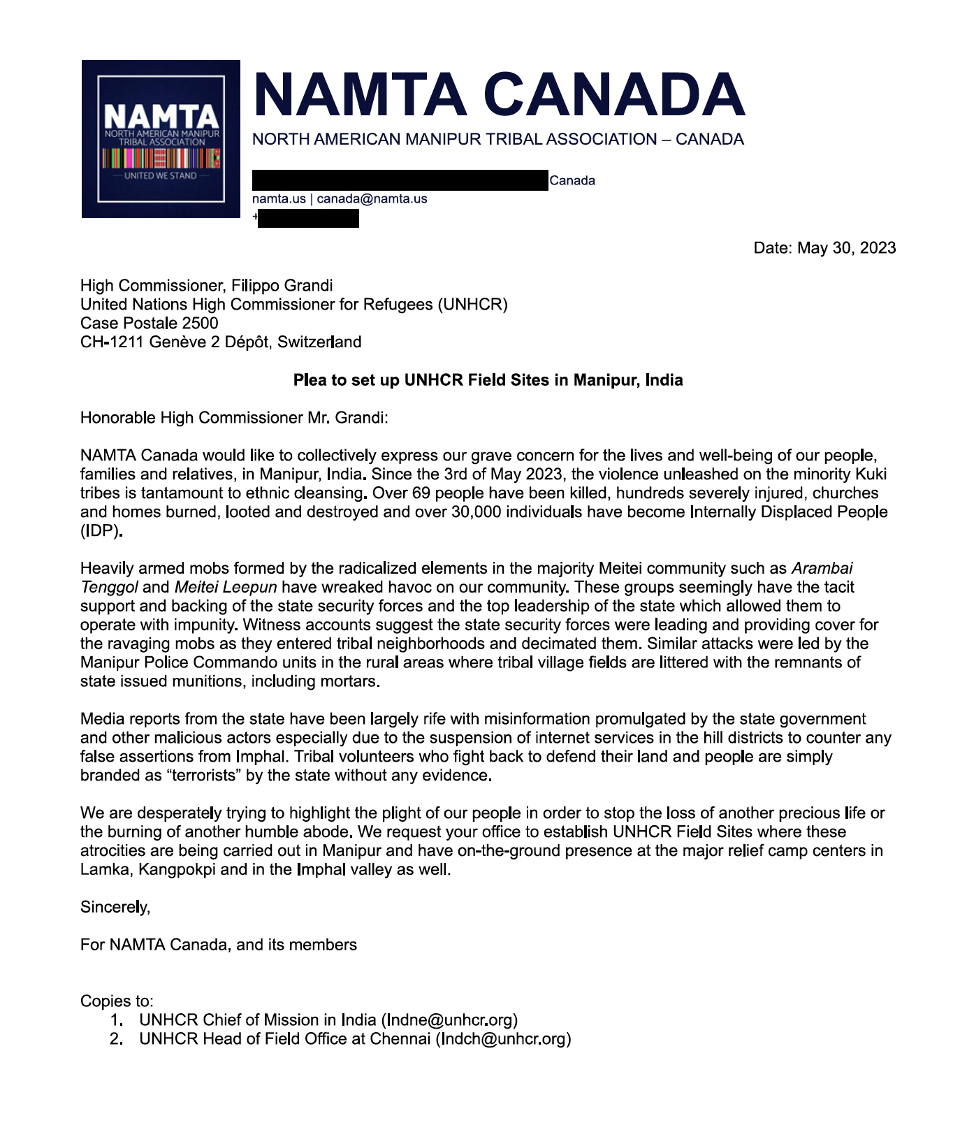 Plea to set up UNHCR Field Sites in Manipur, India