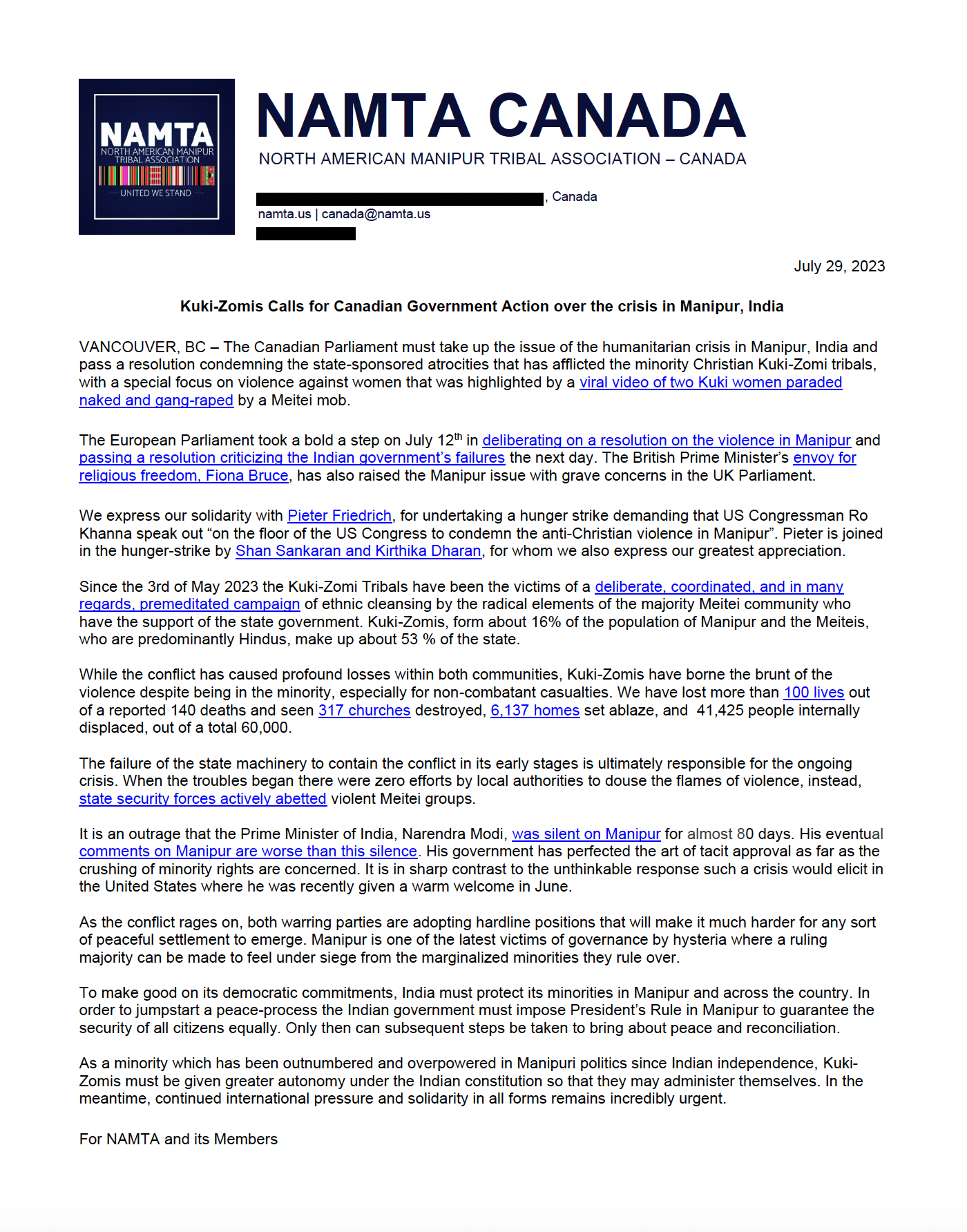 Kuki-Zomis Calls For Canadian Government Action