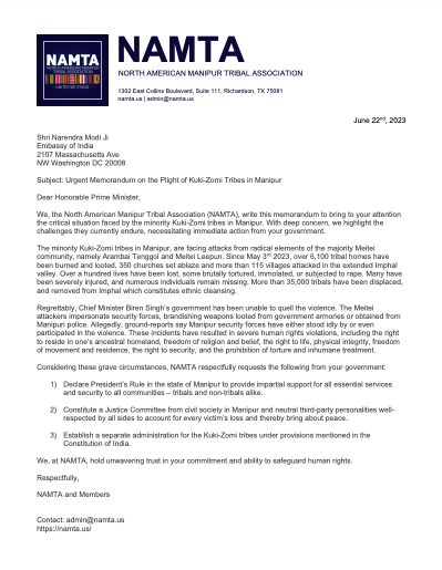 Memorandum on the Plight of Kuki-Zomi Tribes in Manipur