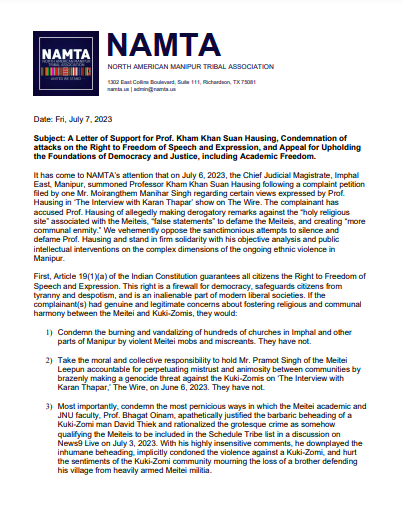 NAMTA Press Release : A Letter of Support for Prof. Kham Khan Suan Hausing