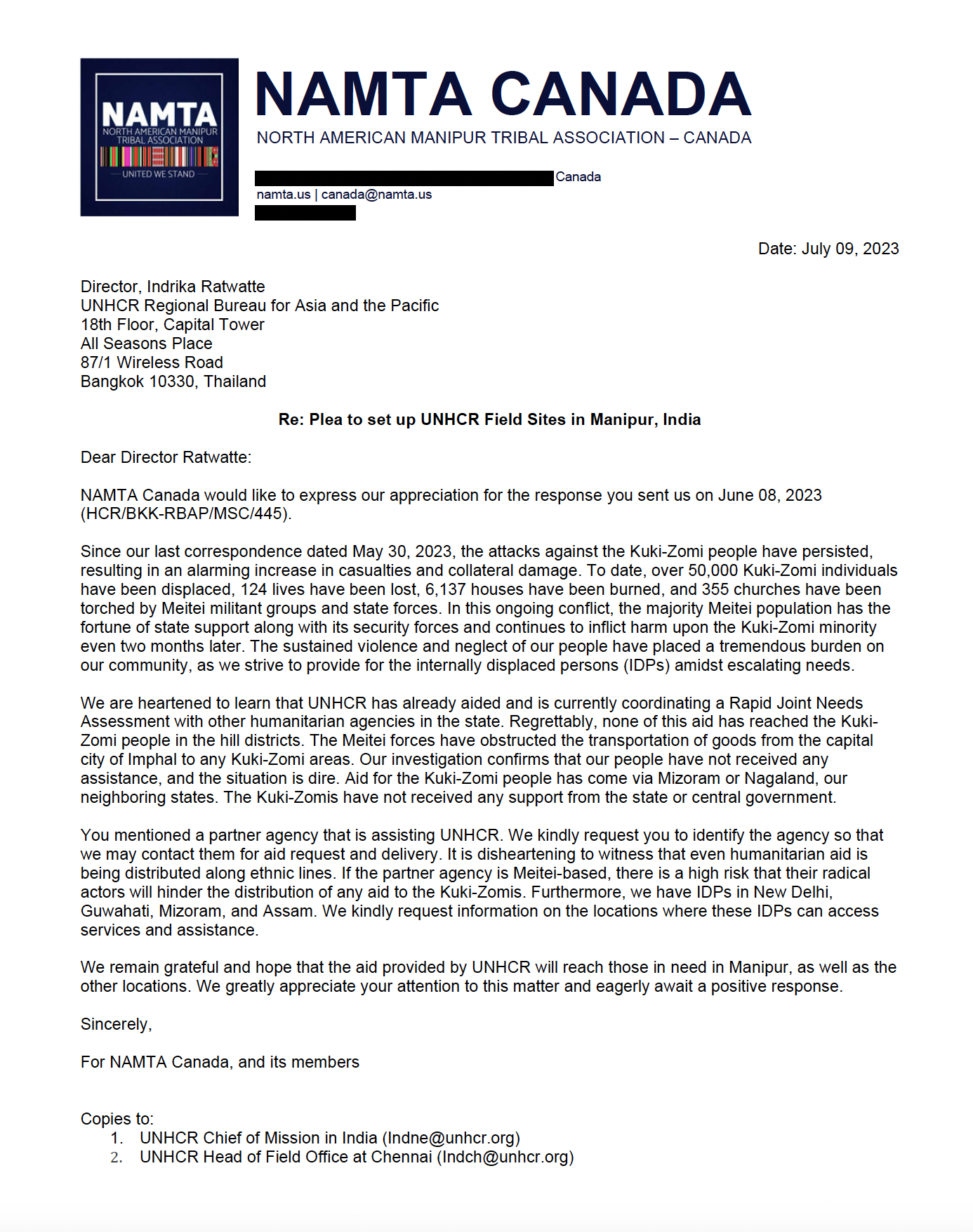 Re: Plea to set up UNHCR Field Sites in Manipur, India